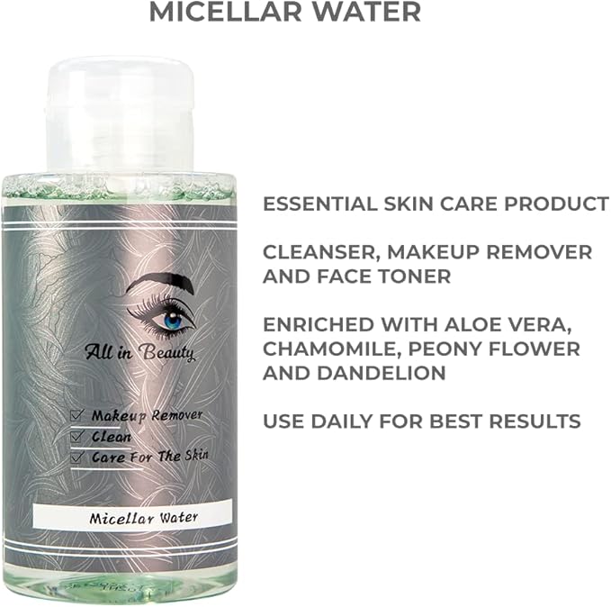 All in beauty Micellar Lotion Cleansing Water, Toner, Make-up Remover for All Skin Types, After Waxing, During and After Micropigmentation, Acne, Dry Skin, Burns or Injuries.(300ml)