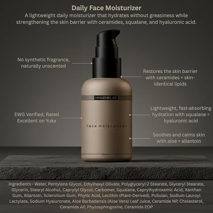 HygieneLab Face Moisturizer - EWG Verified, Unscented, Non-Greasy Hydration with Squalane, Aloe Vera, Ceramides & Hyaluronic Acid - 1.7 fl oz