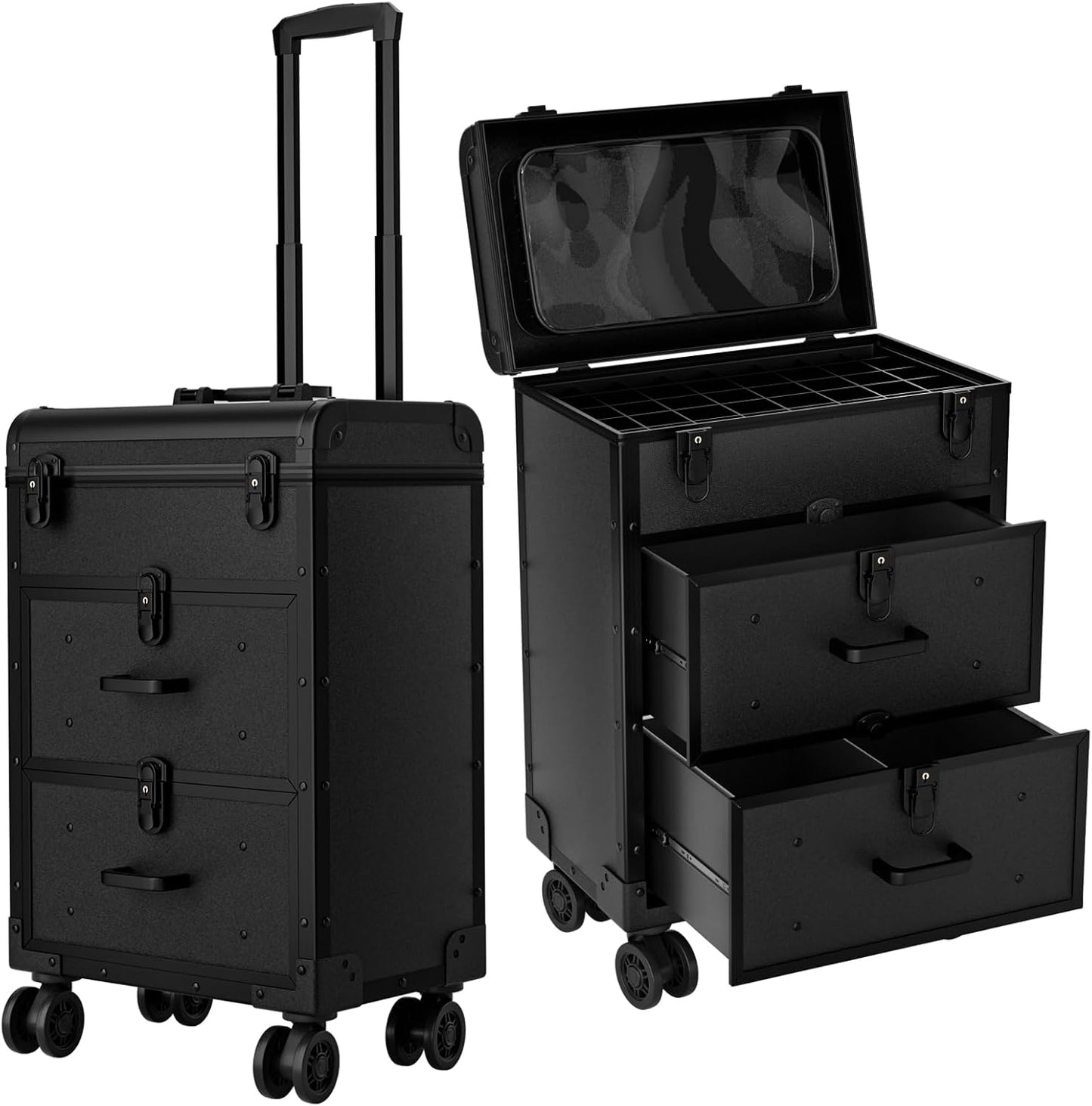 Large Rolling Makeup Train Case, Professional Travel Cosmetology Case on Wheels with Drawers, 3 Tiers Nail Organizers Storage Case for Nail Tech, Tattoo, Hairstylist, Makeup, Large