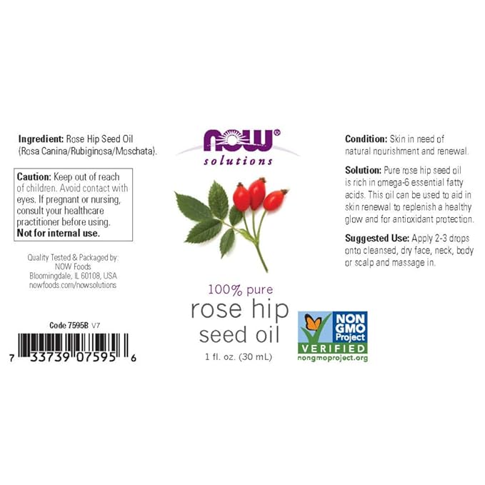 NOW Solutions, Rose Hip Seed Oil, 100% Pure, Nourishing and Renewing, For Facial Care, Vegan, Child Resistant Cap, 1-Ounce