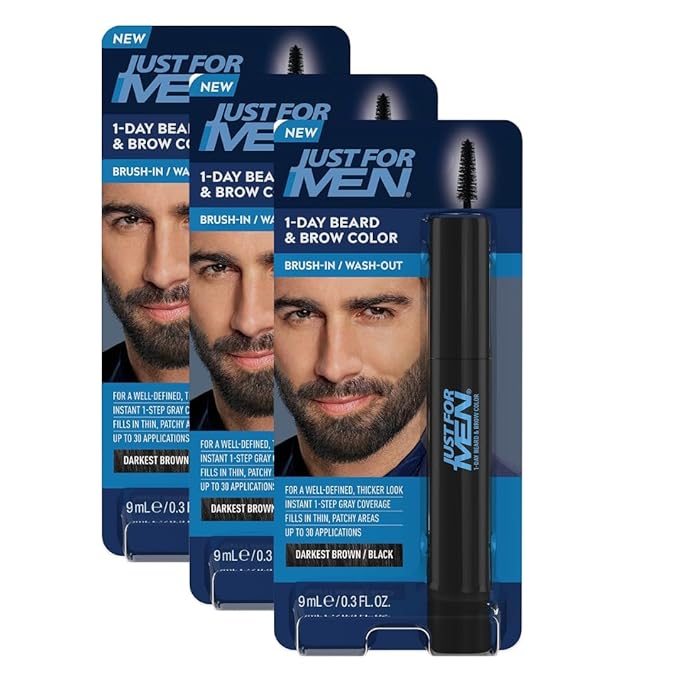 Just for Men 1-Day Beard & Brow Color, Temporary Color for Beard and Eyebrows, For a Fuller, Well-Defined Look, Up to 30 Applications, Darkest Brown/Black, Ships in Eco-Friendly Packaging (Pack of 3)
