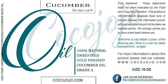 Dr Joe Lab Cucumber Seed Oil - Pure, Unrefined, Cold Pressed, Undiluted, Non-GMO, Virgin Carrier Oil for Skin, Hair, Nails, Body, Face, Beard - 16 Ounces - Nourishing Hydrating Moisturizing Bulk