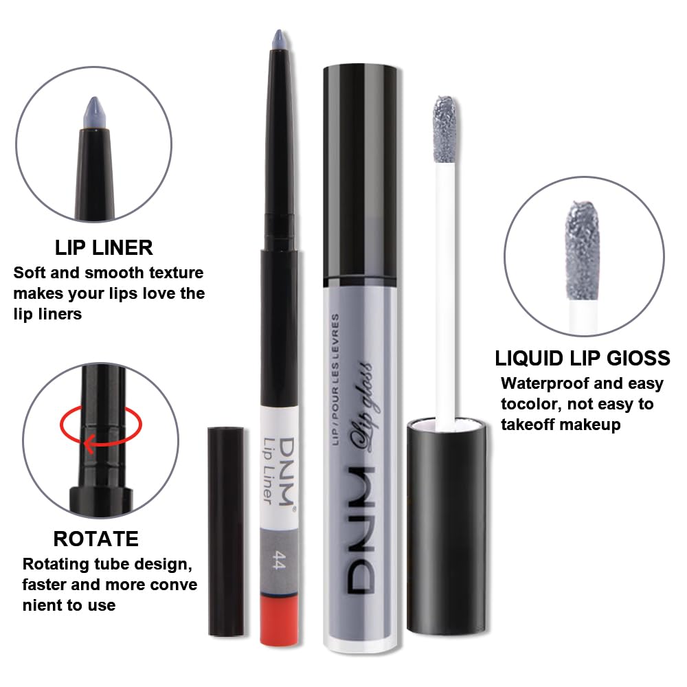 evpct 2Pcs Grey Gray Matte Liquid Lipstick Lip Gloss Stain and Retractable Lip Liner Makeup Set for Women Long Lasting Waterproof 24 Hours Permanent Lipstick labial mate larga duracion 24 44#