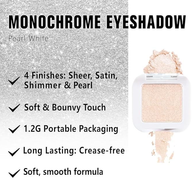White Pearl Glitter Single Eyeshadow Palette - Single Shimmer Eye Shadow in Pearl White, Natural Highly Pigmented, Blendable Monochrome Powder Eye Shadow, Eyeshadow Palette Gift for Girls Women