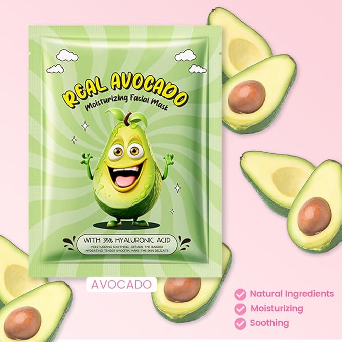 8 Pack Avocado Fruit Face Masks for Kids,Hydrating Spa Face Mask For Sensitive Skin,Moisturize,Soothing,Nourish for All Skin Types,Natural Spa Face Mask for Women Men Girls