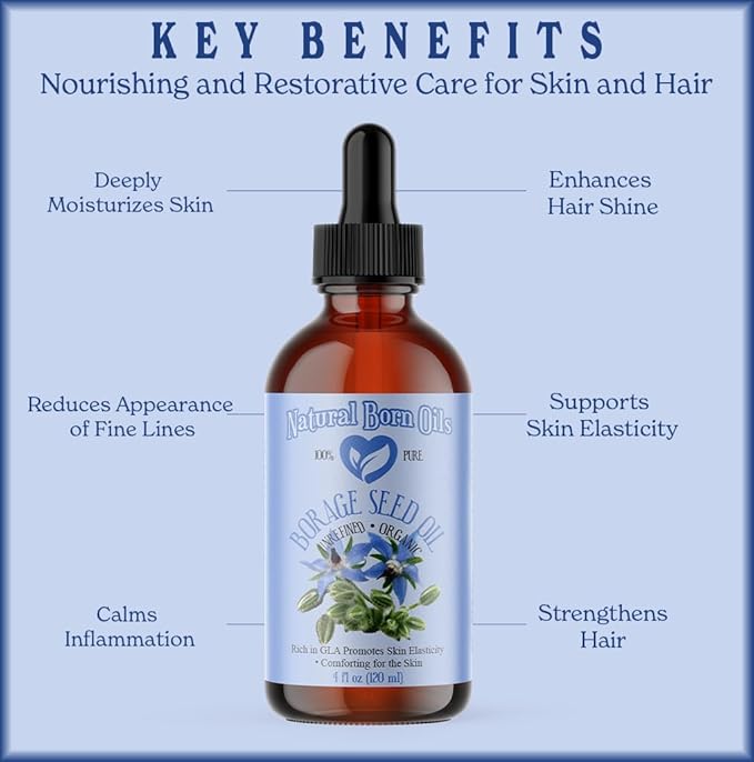Natural Born Oils Borage Seed Oil, 8oz, Organic, Cold-Pressed, Carrier Oil, Omega-6 Rich, Skin Moisturizer, Hair Health Enhancer