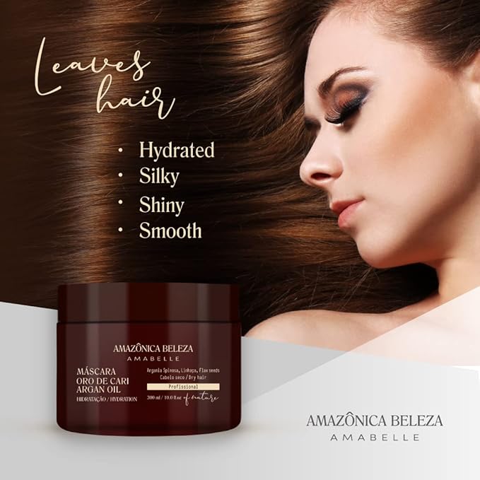 AMAZONICA BELEZA Oro de Cari Hair Mask, Intensive Hydration for Dry Hair with Argan Oil and Vitamin E, Professional Line, 10 Oz