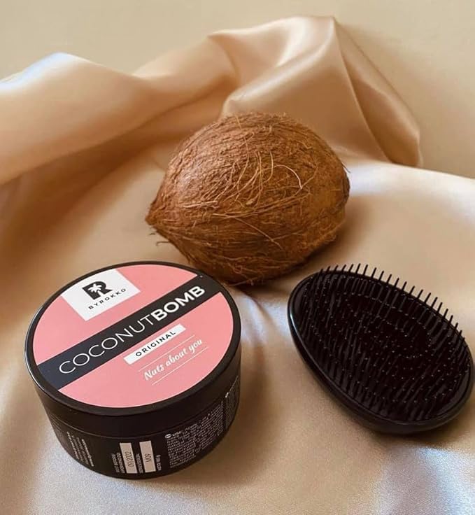 BYROKKO Coconut Bomb Nourishing Hair Mask For Silk Smooth Deep Conditioner Damaged Dry Treatment Natural Coco Oil Masque For All Hair Types 180GR With Free Brush