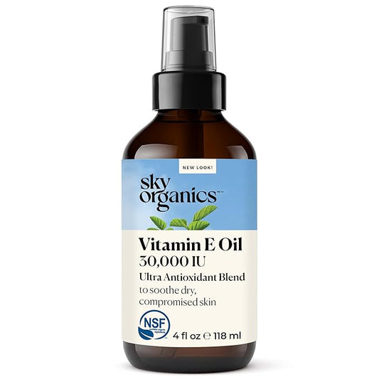 Sky Organics Vitamin E Oil Blend for Face, Organic Antioxidant Facial Oil, 30,000 IUs to Deliver Reparative Moisture and Soothe Dry, Damaged Skin, 100% Pure & Cold-Pressed, 3.97 fl oz, 117 ml
