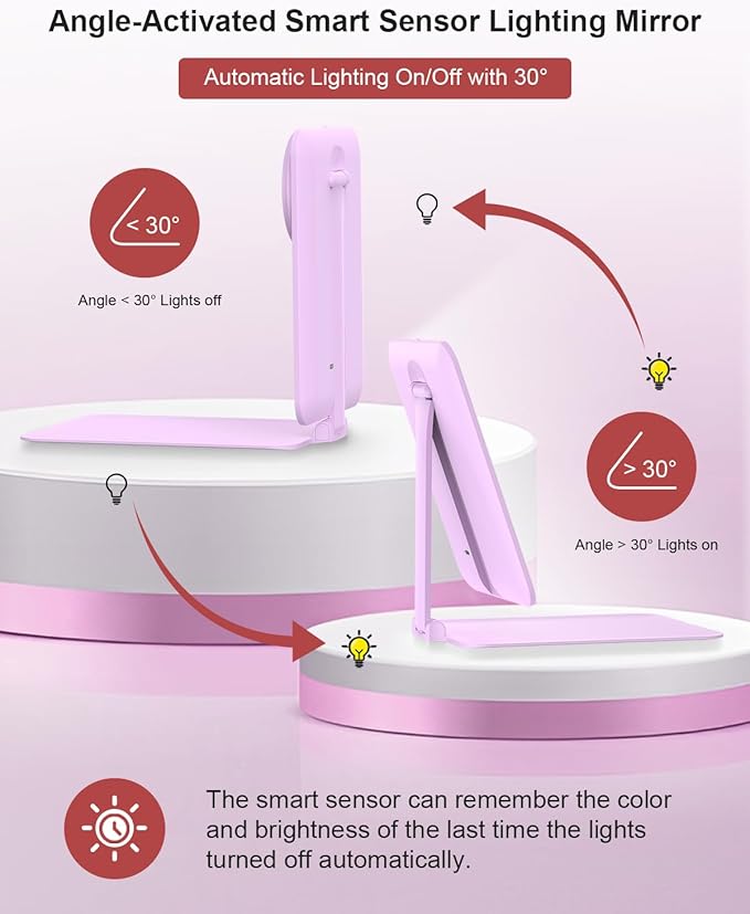 Gospire Travel Makeup Mirror with Lights and Magnification 10X, Portable Make Up Compact Tabletop Cosmetic with Adjustable Stand, 3 Colored Light Rechargeable LED Vanity Mirror - Purple