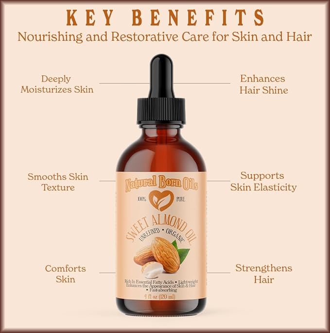 Natural Born Oils Sweet Almond Oil, 16oz, Organic, Cold-Pressed, Nutrient-Rich, Excellent for Soft Skin, Lustrous Hair