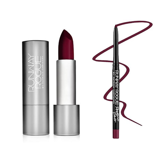 Runway Rogue ‘1993’ Matte Midnight Merlot 90s Vibe Lipstick Bundle with ‘Throwback’ Burgundy Blackberry Red Designer Liner Lip Liner Pencil and Sharpener