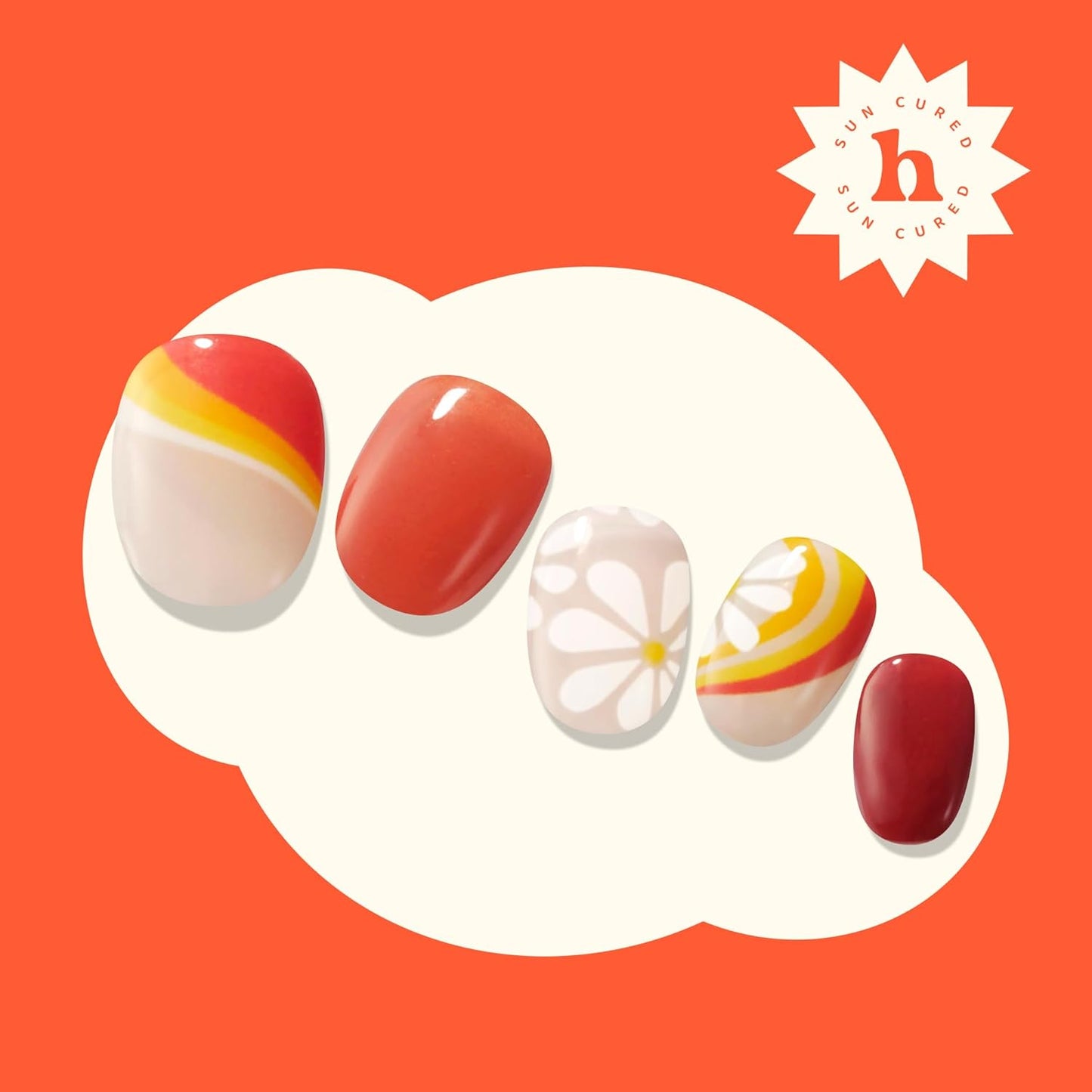 Semi Cured Gel Nail Strips | No LED Lamp Needed | Summer, Floral, Red | Easy Apply & Remove, Salon Quality | Includes 28 Strips, 1 Prep Pads, Nail File & Wooden Stick - Hey, Here Comes The Sun