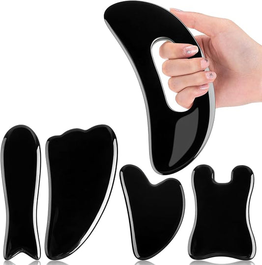 Treela 5 Pcs Gua Sha Facial Tools Set and 1 Pcs Body Gua Sha Massage Tool with Handle for Face Back Neck Leg Body Scraping Massage Board Guasha Comb(Jade, Resin,Black)