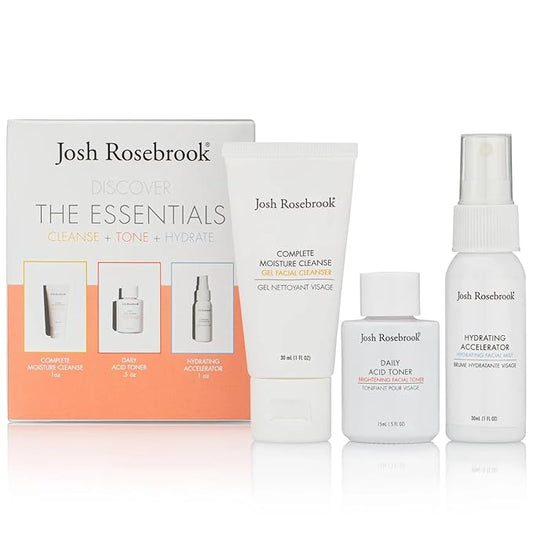 Josh Rosebrook The Essentials Kit - Cleanse, Tone & Hydrate Skincare Set | Complete Moisture Cleanse 1 oz, Daily Acid Toner 0.5 oz, Hydrating Accelerator 1 oz | Travel Size Facial Skin Care