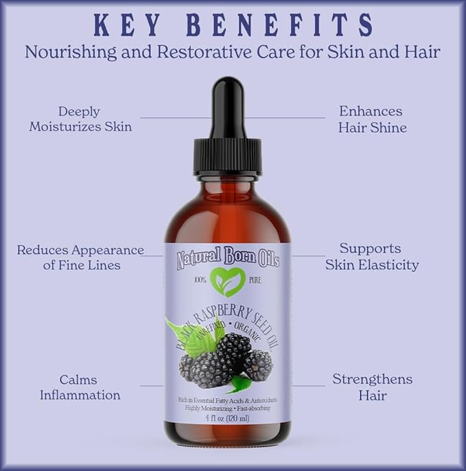 Natural Born Oils Black Raspberry Seed Oil, 16oz, Organic, Cold-Pressed, High in Ellagic Acid, Skin Moisturizer, Hair Health