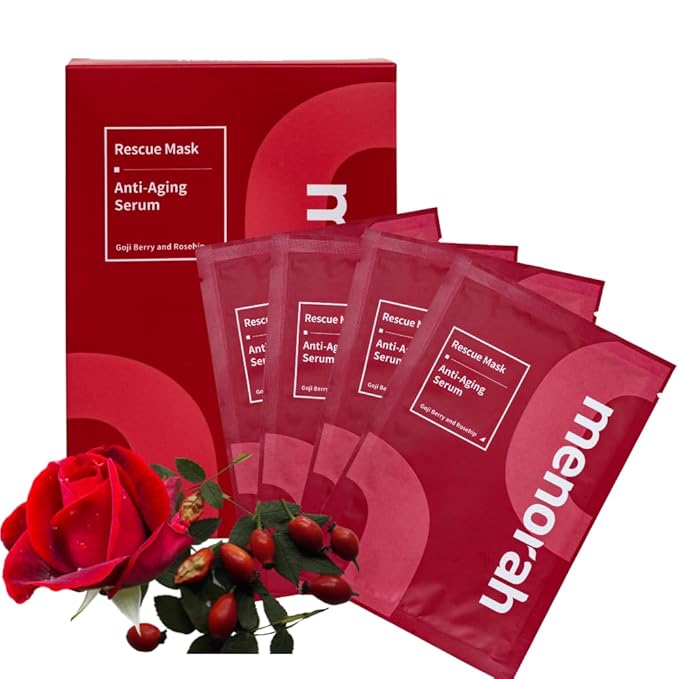 menorah skincare - Anti-Aging Serum Rescue Sheet Masks (4 Sheets) - with Goji Berry, Rosehip, Facial Mask, Skin Firmness and Elasticity