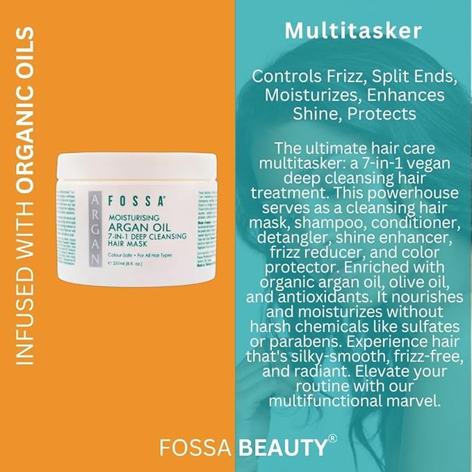 Fossa BEAUTY Moisturizing Argan Oil 7-in-1 Hair Mask | Hair Growth Serum, Shampoo, Conditioner, Detangler, Shine Enhancer & Frizz Reducer | All Hair Types, Colour Safe | 237ml, 8 fl. oz.