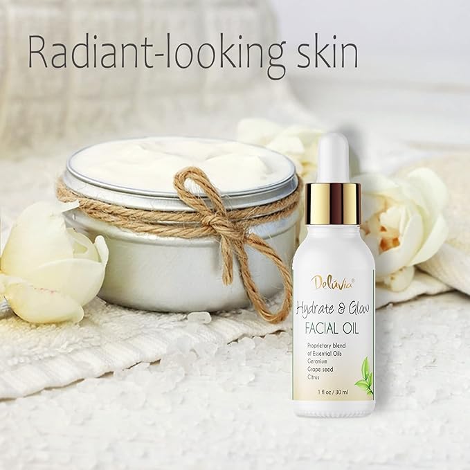 Deluvia Hydrate & Glow Facial Oil, Essential Oils for Dry Skin, Good for Sensitive Skin, Deep Moisturizer, Skin Care by Deluvia