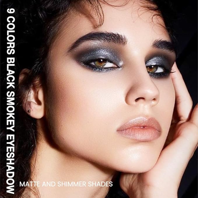 Black Smoky Eye shadow Palette, 9 Colors True Black Dark Grey Smokey Goth Makeup Pallet, 9 Soft Matte Shimmer High Pigmented Basic Black White silver eye shadow for Halloween