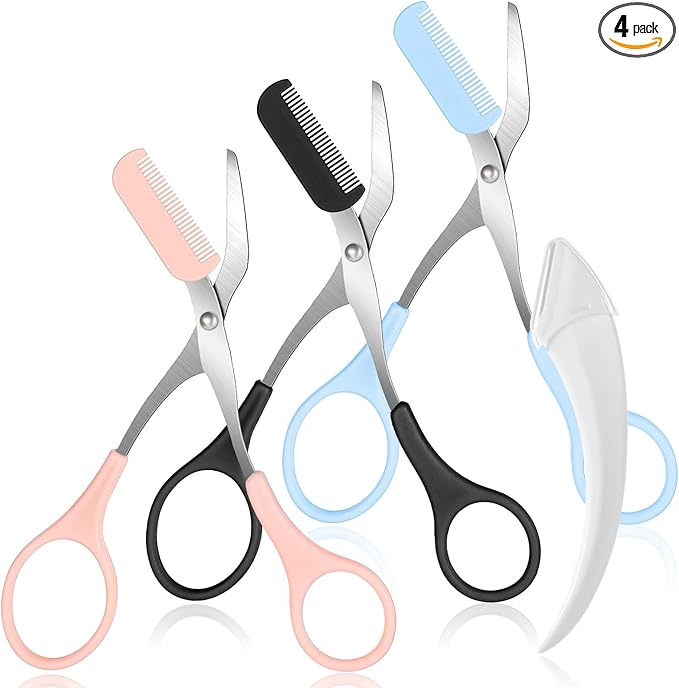3 PCS Eyebrow Scissors with Comb for Women, Eyebrow Trimmer Scissors Stainless Steel Curved Eyebrow Razor Non Slip Finger Grips Face Hair Removal Tool Beauty Accessories for Men and Women