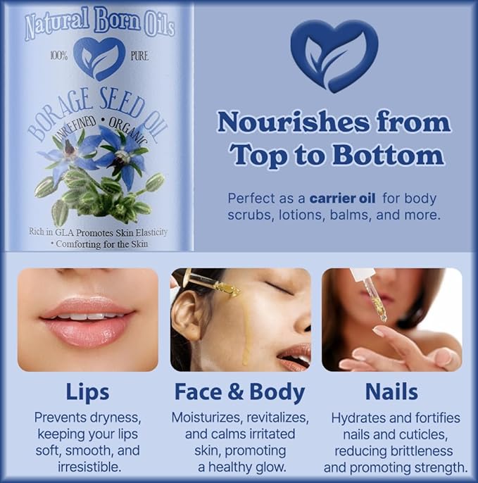 Natural Born Oils Borage Seed Oil, 8oz, Organic, Cold-Pressed, Carrier Oil, Omega-6 Rich, Skin Moisturizer, Hair Health Enhancer
