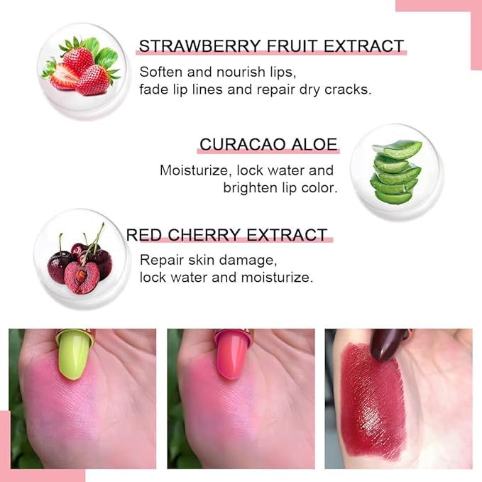 evpct 3Pcs Magic Color Changing Lipstick Long Lasting Waterproof 24 Hours Original for Women, Aloe Vera Strawberry Black Red Cherry PH Mood Permanent Color Changing Lipstick Lip Balm, labial magico