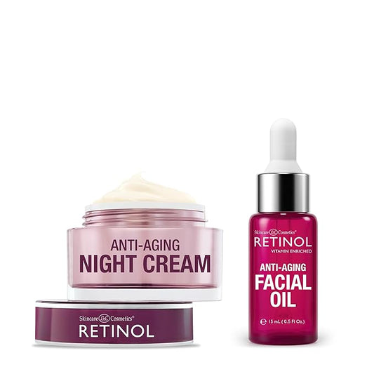 Retinol Night Cream – Works While You Sleep to Restore and Reduce Fine Lines and Wrinkles + Retinol Anti-Aging Facial Oil – With Nine Essential Oils, Restores Hydration and Nourishment