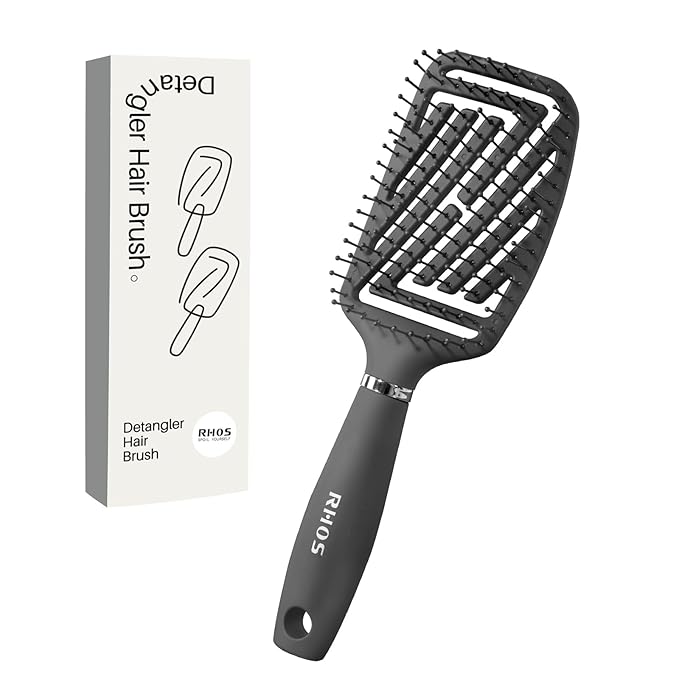 RHOS Curved Vented Detangling Hair Brush for Men, Faster Blow Drying/Styling,Paddle Vent Detangler Brush for Short,Thin,Bangs,Wet&Dry Hair(Gray)