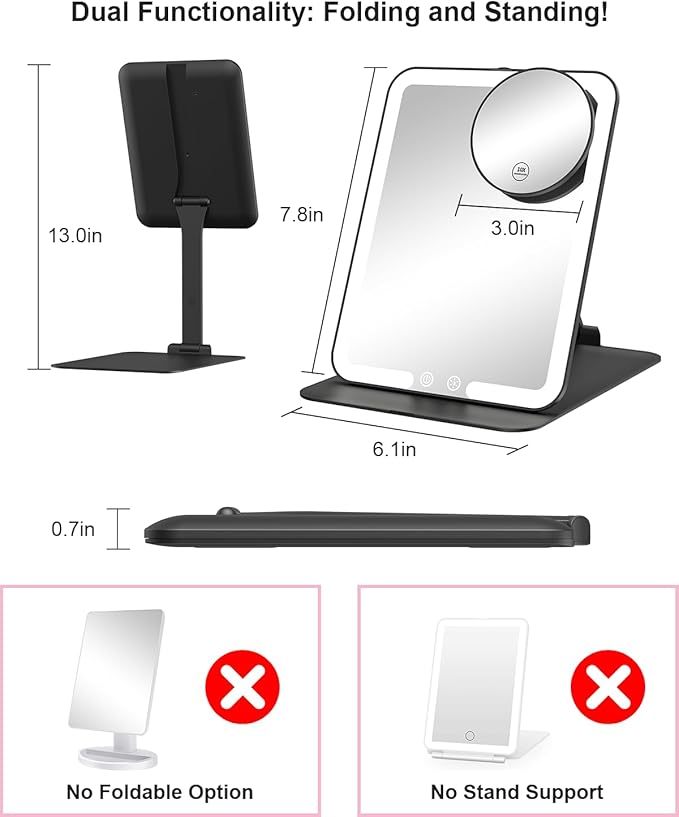 Gospire Travel Makeup Mirror with Lights and Magnification 10X, Portable Make Up Compact Tabletop with Adjustable Stand, 3 Colored Light Rechargeable Lighted LED Cosmetic Vanity- Black