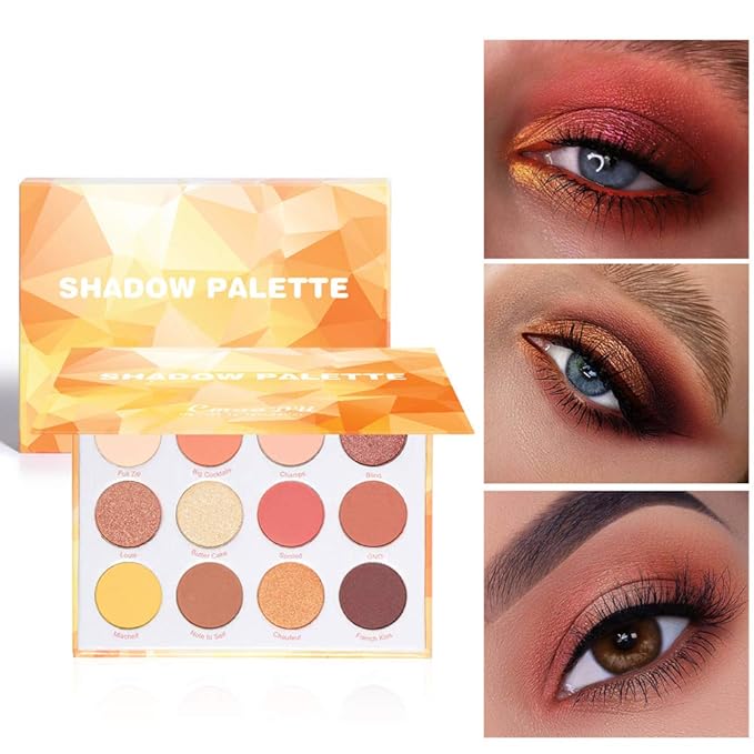 Glitter Matte Orange Yellow Eyeshadow Palette, 12 Colors Shimmer High Pigmented Eyeshadow Makeup Palette Lasting Waterproof Brown Eyeshadow Palette for Girl Women