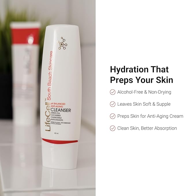 LifeCell Anti-Aging Facial Cleanser – pH Balanced Daily Face Wash with Green Tea, Cucumber, and Resveratrol – Hydrating & Gentle Makeup Remover for Sensitive Skin – 60ml