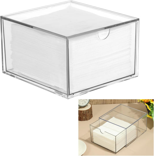 Rainmae Disposable Face Towel Holder, Face Towel Storage Box Bin, Stackable Clear Makeup Organizer with Drawer for Clean Skin Club Face XL Towels Holder for Vanity Bathroom and Makeup Organization