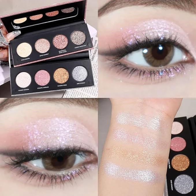 Shiny Shimmer Highlight Eye shadow Palette 4 Colors, Cosmetics Shimmer Eyeshadow Palette, Cruelty-Free and Vegan Formula, Glitter Shimmer Eyeshadow for Professional Makeup Kit (B#), Sparkly02