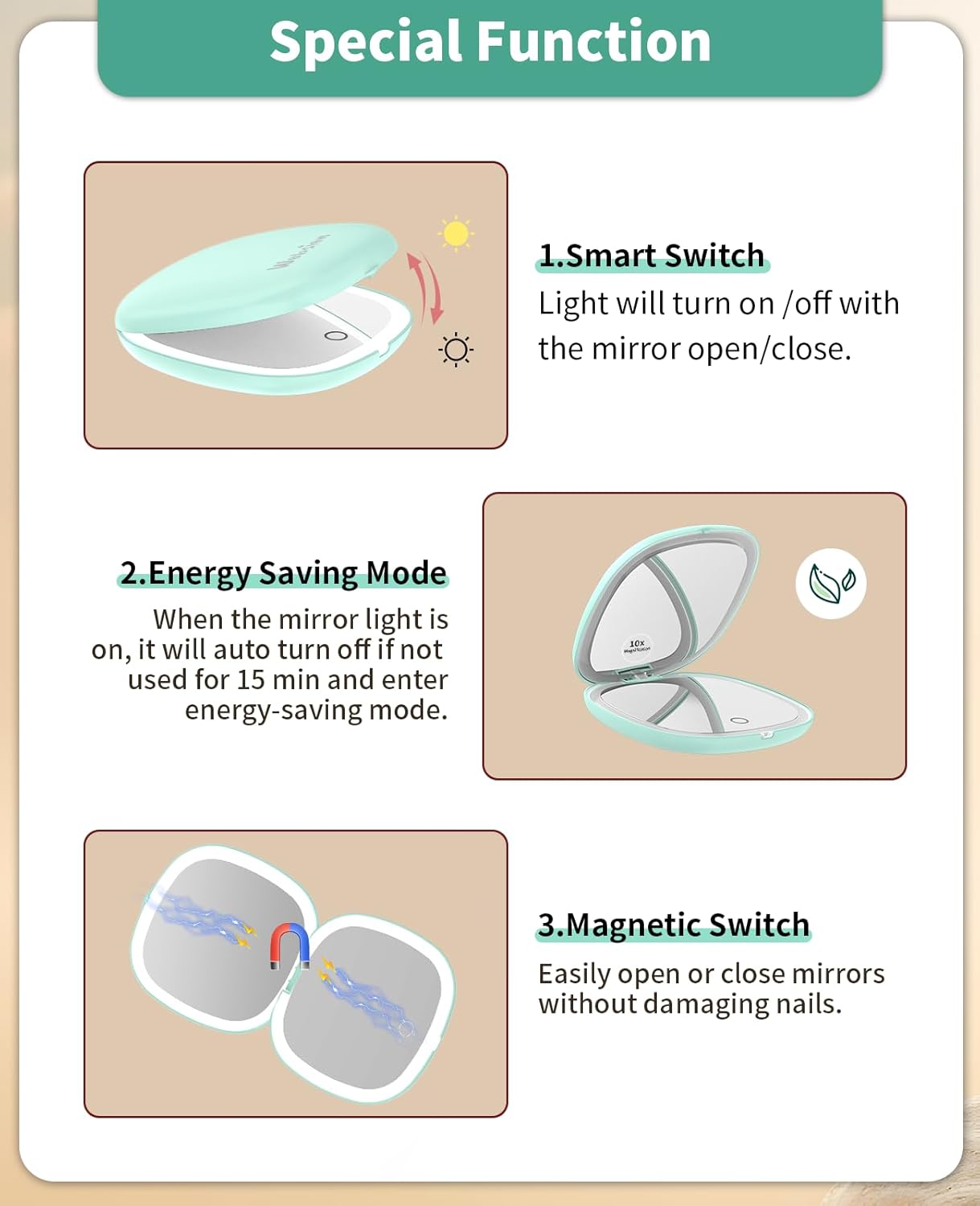 WOBSION Rechargeable Lighted Travel Makeup Mirror,1x/10x Compact Magnifying Mirror with Lights,Portable for Bag,4inch,Gift,Cyan