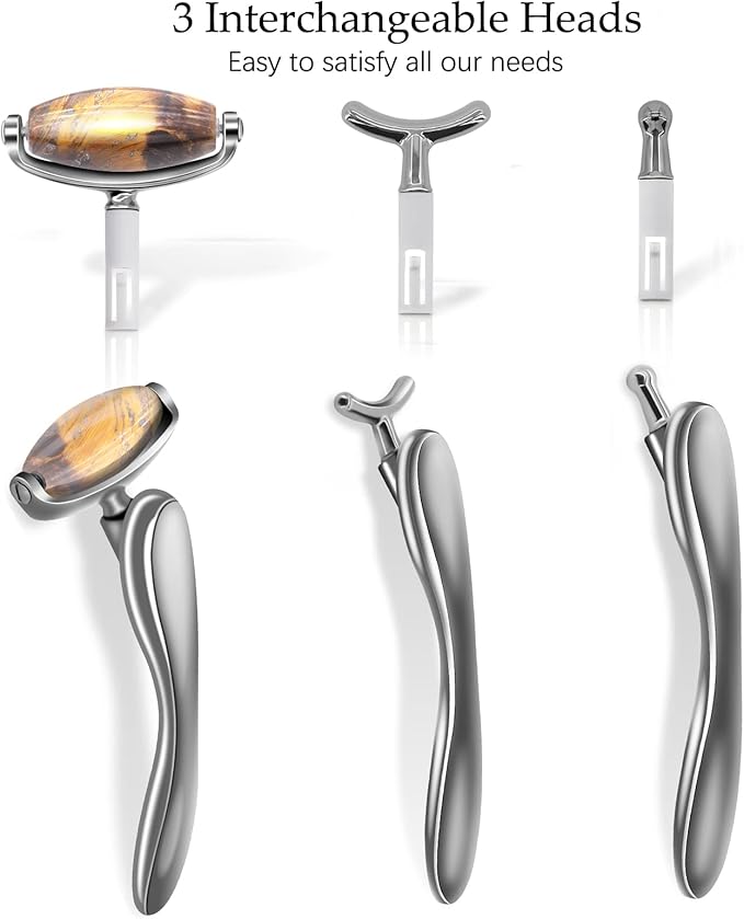 I·B·N G Jade Face Roller, Facial Tools Face Rollers for Women, Face Massage Skin Care Beauty Tools with 3 Interchangeable Heads (Cat Eye+Black)