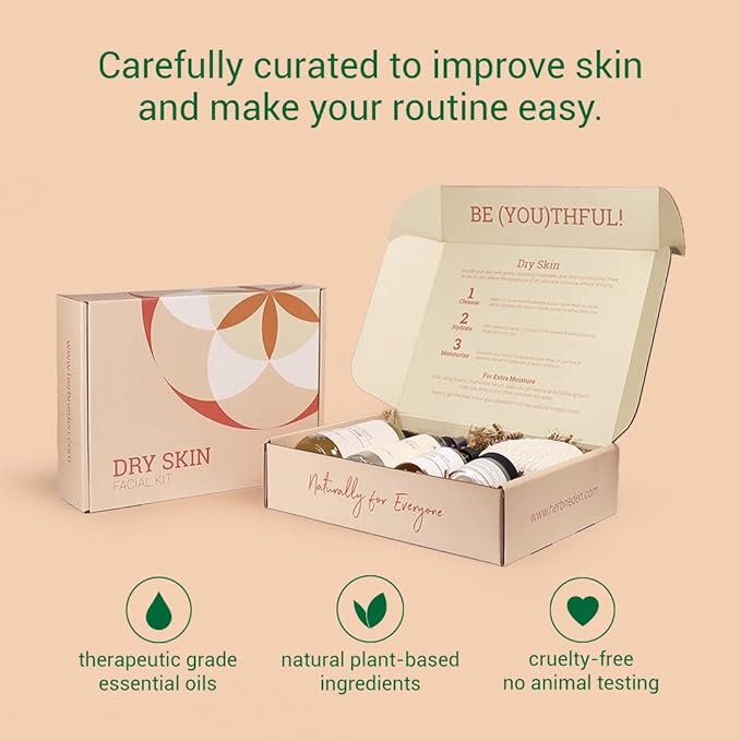 Herb’N Eden - Dry Skin Facial Kit - Cleanse, Mist, Moisturize, & Nourish - Natural Ingredients & Essential Oils - Made in USA - 5 Product Set includes Wash, Mist, Serum, Body Butter, Sisal