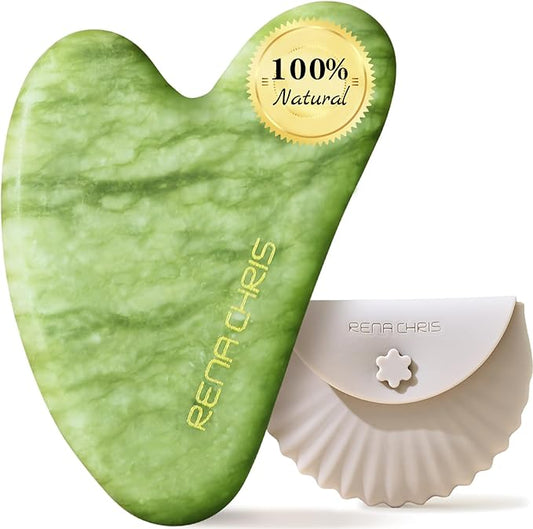 Rena Chris Gua Sha Facial Tools-Xiuyan Jade Gua Sha Stone for Face Massage, Jawline Sculpting & Puffiness Reduction with Silicone Case (Green)