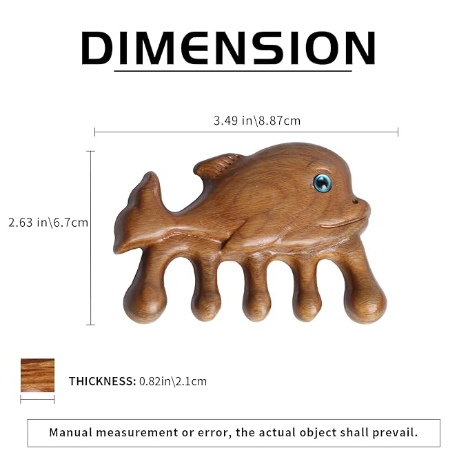 Natural Wood Wide Tooth Hair Comb Head Scalp Massage No Static Green Sandalwood Hair Pick Wooden Comb for Women Men Kids Hair Neck Hands Legs Caring Tool (Cute Shark), Brown