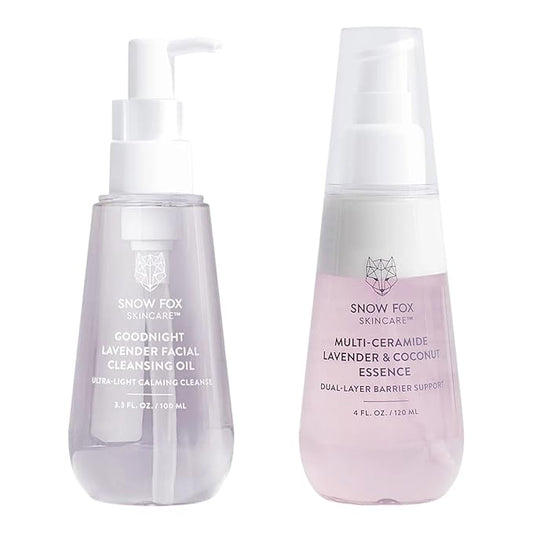 Snow Fox Skincare Goodnight Lavender Facial Cleansing Oil - Multi-Ceramide French Lavender & Coconut Essence Serum Bundle