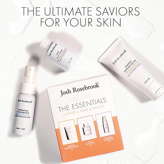 Josh Rosebrook The Essentials Kit - Cleanse, Tone & Hydrate Skincare Set | Complete Moisture Cleanse 1 oz, Daily Acid Toner 0.5 oz, Hydrating Accelerator 1 oz | Travel Size Facial Skin Care
