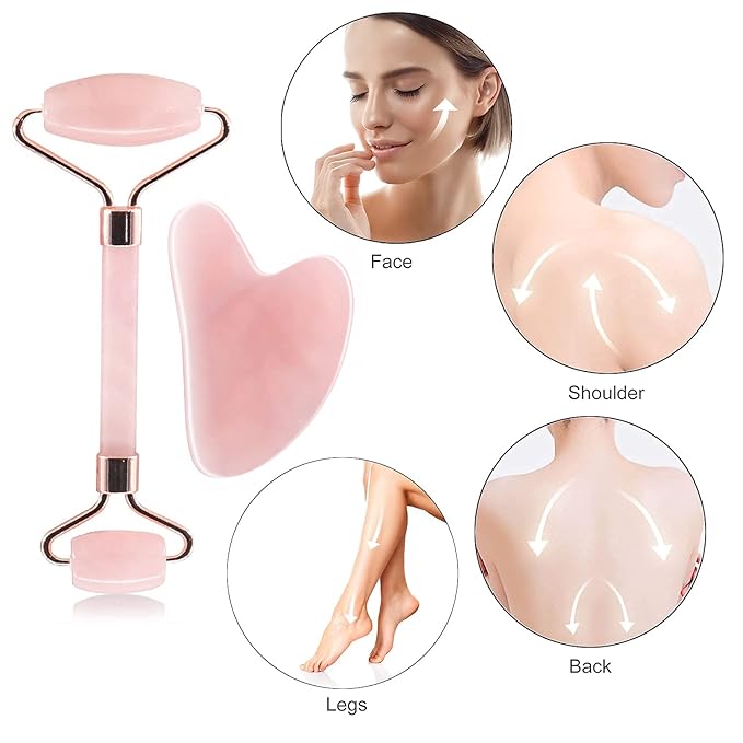 Jade Roller and Gua Sha Set - Natural Rose Quartz Face Roller- Face Massager Kit, Facial Jade Stone Roller for Skin Care, Eyes, Neck