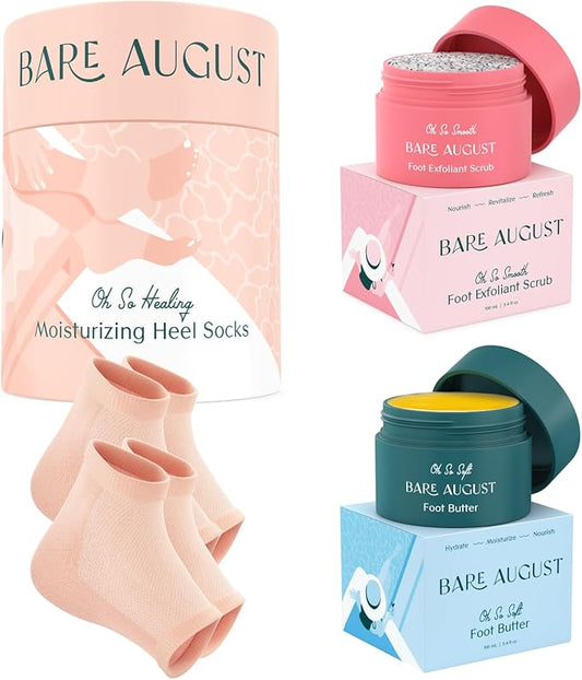 Bare August Foot Cream, Foot Scrub Exfoliator & Heel Socks Bundle