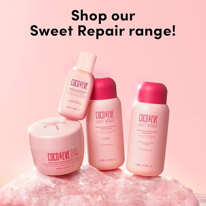 Coco & Eve Sweet Repair Repairing and Restoring Hair Mask. 85% stronger hair, reduce hair damage by 65%. Biomimetic Ceramides, Hyaluronic Acid, Vegan Keratin. Increase Hydration & Shine.