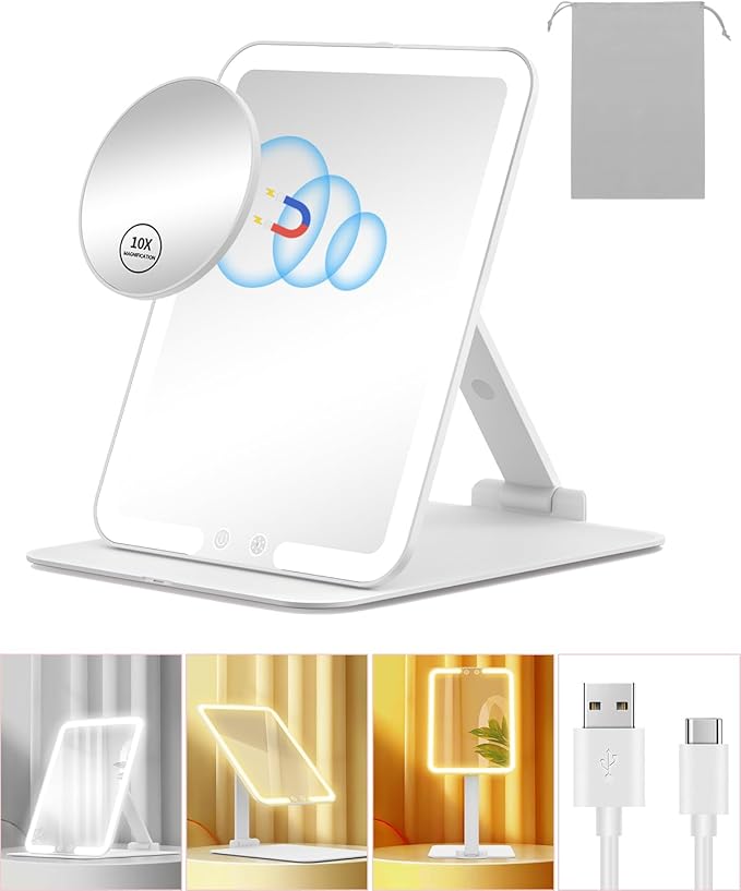 Gospire Travel Makeup Mirror with Lights and Magnification 10X, Portable Make Up Compact Tabletop with Adjustable Stand, 3 Colored Light Rechargeable Lighted LED Cosmetic Vanity- White
