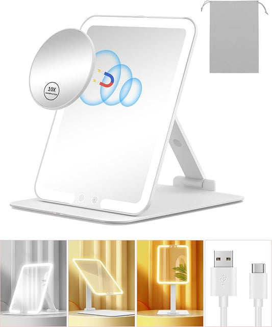 Gospire Travel Makeup Mirror with Lights and Magnification 10X, Portable Make Up Compact Tabletop with Adjustable Stand, 3 Colored Light Rechargeable Lighted LED Cosmetic Vanity- White