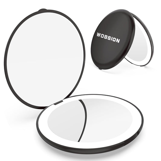 WOBSION Travel Compact Mirror,Portable 1x/10x LED Makeup Mirror with Magnification,Handheld 2-Sided Pocket Mirror, 3.5in Small Mirror for Purse,Handbag,Gift,Black