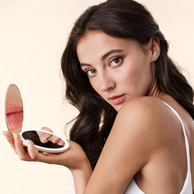 Fancii Mini Taylor Compact Magnifying Mirror with LED Light, 10x/1x, Rechargeable, 3 Light Settings, Dimmable - Small Lighted Travel Handheld Mirror for Pocket, Handbag, Purse, 2-Sided (Beige)