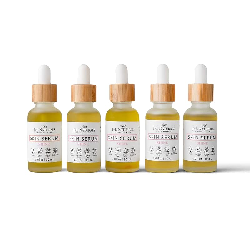 J&L Naturals | Face & Body Oil for Oily, Sensitive, Dry, Combination, Mature, & Dull Skin Types | With Jojoba Oil, Grapeseed Oil, Sunflower Oil, & More (1 Fl Oz (Pack of 5), Shine (normal, dull))