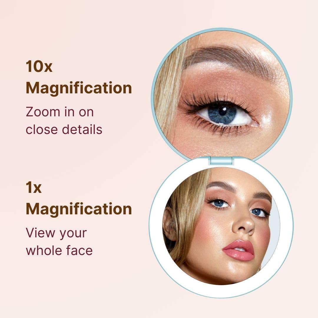 Fancii Taylor Rechargeable Compact Makeup Mirror with LED Lights, 10x /1x Magnifying, 3 Light Settings, Large 5” Wide | Travel Mirror for Purses (Soft Sky)